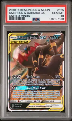 2019 POKEMON SUN & MOON UNIFIED MINDS #125 UMBREON & DARKRAI GX PSA 10 - Image 1