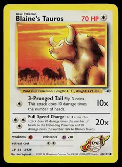 Pokemon Card Gym Heroes Blaine's Tauros 64/132 Unlimited Common - Image 1