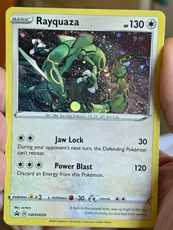 POKEMON RAYQUAZA SWSH029 BLACK PROMO STAR COSMOS HOLOFOIL WITH SWIRL NM CARD - Image 1