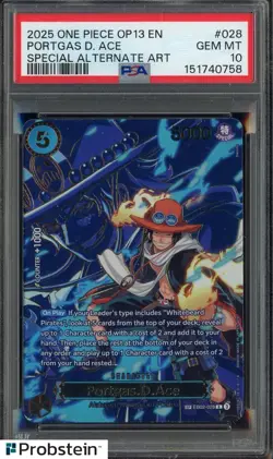 2025 One Piece OP13 EN Special Alternate Art #028 Portgas D Ace PSA 10 GEM MINT - Image 1