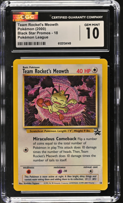 Pokemon Team Rocket's Meowth #18 CGC 10 Black Star Promo Pokemon League - Image 1