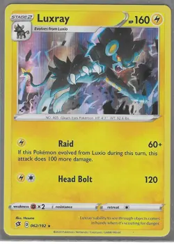 POKEMON REBEL CLASH HOLO RARE LUXRAY 062/192 NM/MINT PACK FRESH - Image 1