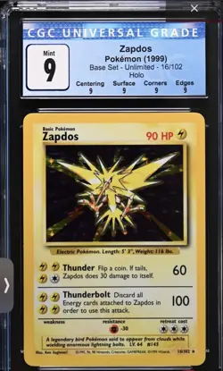 1999 Pokemon Base Set Zapdos Holo 16/102 CGC 9 Mint Vintage WOTC - Image 1