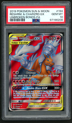 POKEMON RESHRM. & CHARZRD.GX 2019 SUN & MOON UNBROKEN BONDS FA #194 PSA 10 - Image 1