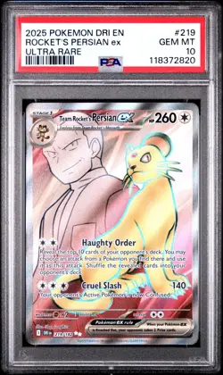 2025 POKEMON DRI EN-DESTINED RIVALS ULTRA 219 TEAM ROCKET'S PERSIAN EX PSA 10 - Image 1