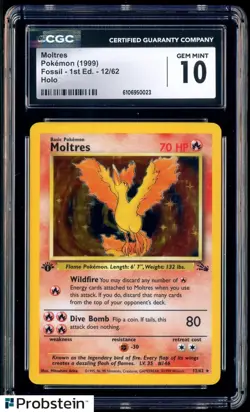 1999 Pokemon Fossil 1st Edition #12 Moltres Holo CGC 10 GEM MINT - Image 1