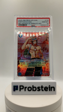 2025 One Piece OP13 EN Red Manga Alternate Art #119 Portgas D. Ace PSA 10 - Image 2