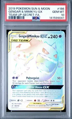 POKEMON SUN & MOON TEAM UP SECRET 186 FULL ART/GENGAR MIMIKYU GX PSA 10 New Cert - Image 1