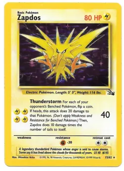 Pokemon Zapdos 15/62 Base Set Hologram Game Card 1999 Wizards NEW UNPLAYED - Image 1