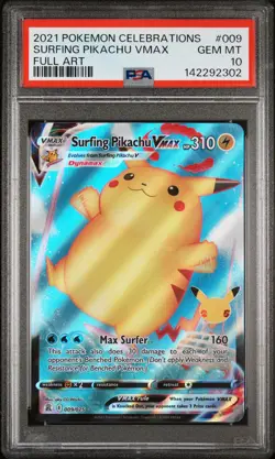 2021 POKEMON CELEBRATIONS #009 FULL ART/SURFING PIKACHU VMAX PSA 10 - Image 1