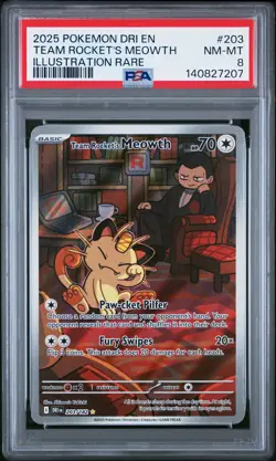 2025 POKEMON DRI EN-DESTINED RIVALS ILLUSTRATION RARE TEAM ROCKET'S MEOWTH PSA 8 - Image 1