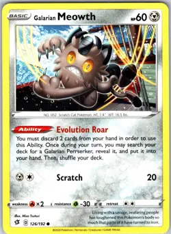 Galarian Meowth 126/192 Common Regular Card SWSH02: Rebel Clash Pokemon TCG LP - Image 1