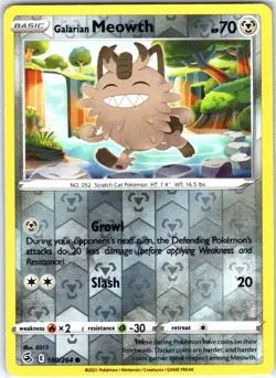 Galarian Meowth 180/264 Common Reverse Holo Card Fusion Strike Pokemon TCG NM - Image 1