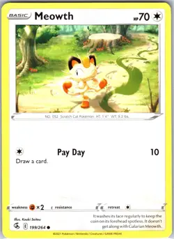 Meowth 199/264 Common Regular Card SWSH08: Fusion Strike Pokemon TCG LP - Image 1