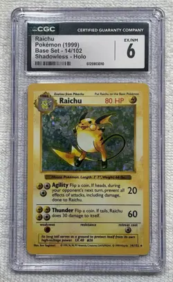 CGC 6 RAICHU 1999 HOLO (Shadowless) 14/102 Pokemon Card - Image 1