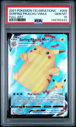 2021 POKEMON CELEBRATIONS #009 FULL ART/SURFING PIKACHU VMAX PSA 10 - Image 1