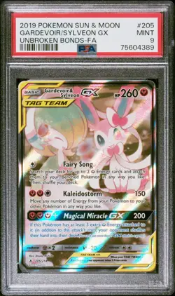 Pokemon TCG 2019 Sun & Moon Unbroken Bonds Gardevoir & Sylveon GX 205/214 PSA 9 - Image 1