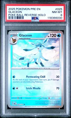 2025 Pokemon Prismatic Evolutions #025 Glaceon Poke Ball Reverse Holo PSA 8 - Image 1