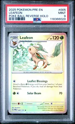2025 Pokemon Prismatic Evolutions #005 Leafeon Poke Ball Reverse Holo PSA 9 - Image 1