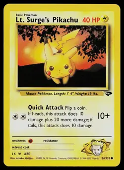 Pokemon Card Gym Challenge Lt. Surge's Pikachu 84/132 Common - Image 1