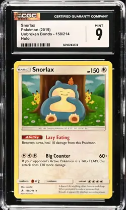 CGC 9 MINT Snorlax 158/214 Holo Rare Sun & Moon Unbroken Bonds 2019 Pokemon - Image 1