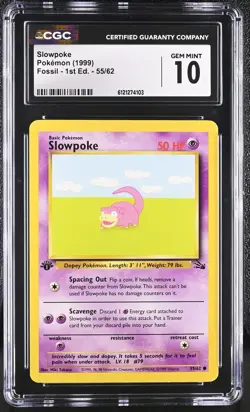 CGC 10 GEM MINT Slowpoke 1999 Fossil 1st Edition 55/62 Pokemon Card - Image 1