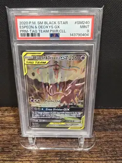 PSA 9 2020 POKEMON PROMO | TAG TEAM POWERS COLLECTION ESPEON & DEOXYS GX SM240 - Image 1