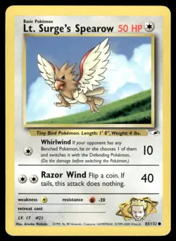 Pokemon Cards Lt. Surge's Spearow 83/132 Unlimited Gym Heroes WOTC Common NM - Image 1
