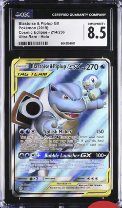 Pokemon Blastoise & Piplup GX Full Art 214/236 English Cosmic Eclipse CGC 8.5 - Image 1