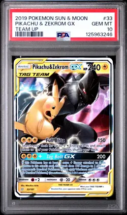 2019 POKEMON SUN & MOON TEAM UP #33 PIKACHU & ZEKROM GX PSA 10 - Image 1