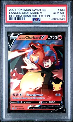 2021 POKEMON SWSH BLACK STAR PROMO CELEBRATIONS COLL LANCE'S CHARIZARD V PSA 10 - Image 1