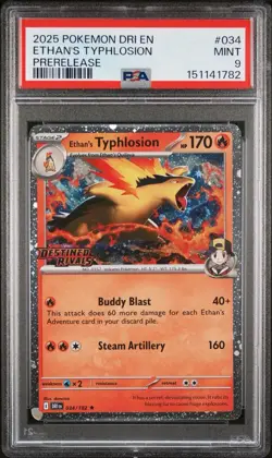 2025 POKEMON DRI EN-DESTINED RIVALS PRERELEASE #034 ETHAN'S TYPHLOSION PSA 9 - Image 1