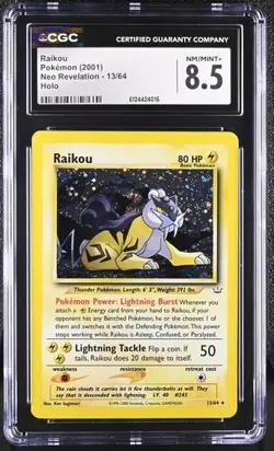 CGC 8.5 NM-MINT Raikou 2001 Neo Revelation 13/64 Holo Rare Pokemon Card Vintage - Image 1