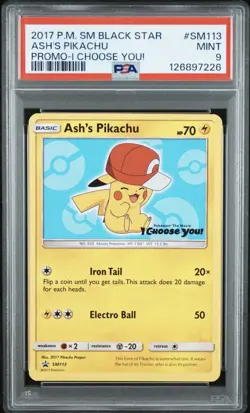 Pokemon TCG Ash's Pikachu SM Black Star Promo SM113 Regular 2017 PSA 9 Card - Image 1