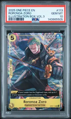 2025 ONE PIECE PROMOS ILLUSTRATION BOX VOL.3 #113 RORONOA ZORO PSA 10 - Image 1