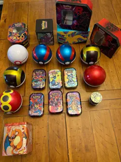 (MAKE OFFER) Pokemon Storage Lot – EMPTY Tins, Poke Ball Tins, ETB Box, & Coins - Image 1