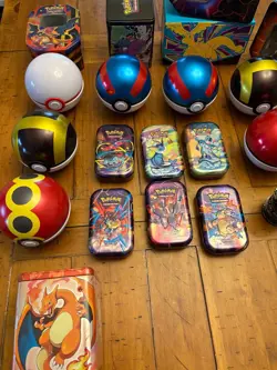 (MAKE OFFER) Pokemon Storage Lot – EMPTY Tins, Poke Ball Tins, ETB Box, & Coins - Image 2