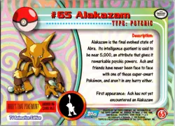 #65 Alakazam Pokemon 1999 Topps TV Blue Logo - Image 2