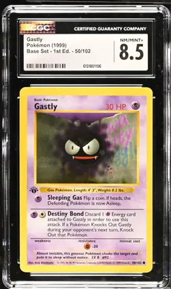 CGC 8.5 NM/MINT+ Gastly 50/102 1st Edition Shadowless Base Set Pokemon Card - Image 1
