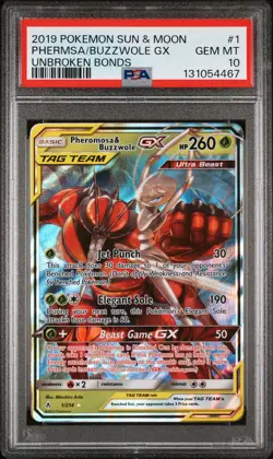 2019 POKEMON SUN & MOON UNBROKEN BONDS #1 PHEROMOSA & BUZZWOLE GX PSA 10 - Image 1