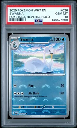 2025 POKEMON WHT EN-WHITE FLARE POKE BALL REVERSE HOLO #026 SWANNA PSA 10 - Image 1