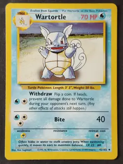 Wartortle 042/102 Vintage Base Set Regular, WOTC Pokemon 1999 (MP) - Image 1