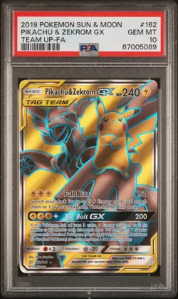 2019 POKEMON SUN & MOON TEAM UP #162 FULL ART/PIKACHU & ZEKROM GX PSA 10 - Image 1