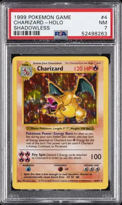 1999 POKEMON BASE SET SHADOWLESS #4 CHARIZARD-HOLO PSA 7 - Image 1