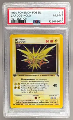 1999 Pokemon Fossil 1st Edition 15 Zapdos Holo PSA 8 129663670 - Image 1