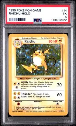 PSA 5 EX Raichu 014/102 Holo Rare 1999 Base Set Unlimited Vintage Pokemon Card - Image 1