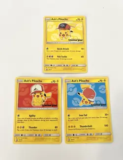 LP Pokemon TCG Ash's Pikachu Promo SM Black Star SM109 SM110 SM111 Lot 3 - Image 1
