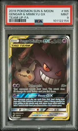 2019 POKEMON SUN & MOON TEAM UP #165 FULL ART/GENGAR & MIMIKYU GX PSA 9 - Image 1