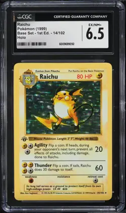 CGC 6.5 Raichu #14 Base Set Pokemon (1999) 1st Edition Shadowless Holo - Image 1