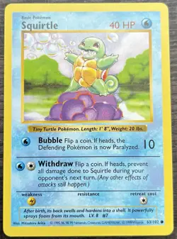 Squirtle 063/102 Pokemon TCG WOTC Base Set Shadowless Common Light Play LP - Image 1
